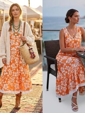 Pretty Pink Orange Floral 100%Cotton Sleeveless Midi Dress Cottagecore Women’s M